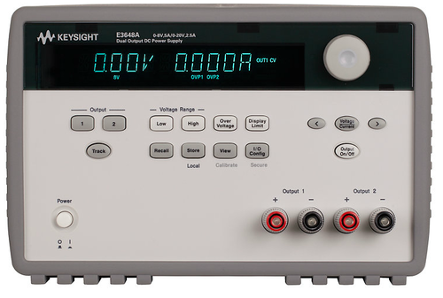 Keysight E3648A DC power supply, dual output, dual range: 0-8 V, 5 A and 0-20 V, 2.5 A, 100 W. GPIB