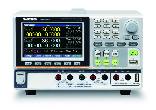 GW-INSTEK GPP-3650 385 W three-channel programmable DC power supply. CH1/CH2: 0-36 V/0-5 A output; CH3:  1.8 V, 2.5 V, 3.3 V, 5.0 V /5 A