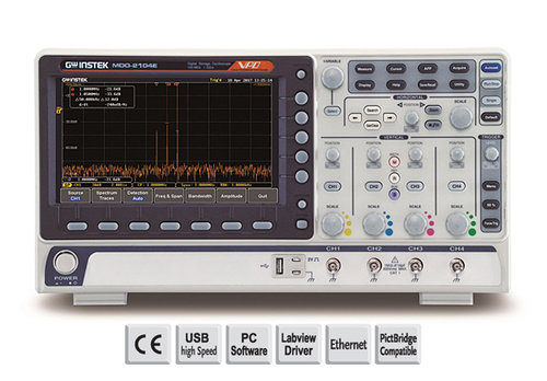 GW-INSTEK MDO-2104EX 100 MHz, 4-channel, Digital Storage Oscilloscope, Spectrum analyzer, dual channel 25 MHz AWG, 5,000 counts DMM and power supply