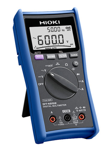 Hioki-DT4252 General Purpose Digital Multimeter, 10A direct input, frequency, resistance, capacitance, continuity, diode test, true RMS, 6000 count display, CAT III 1000V, CAT IV 600V