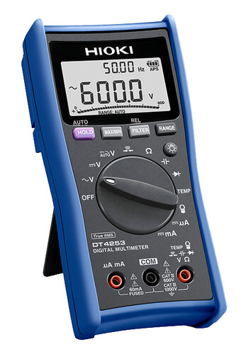 Hioki-DT4253 Digital Multimeter ideal for 4-20mA instrumentation measurement, flame current measurements with 60 microA range, temperature with thermocouples, capacitance, true RMS, 6000 count display, CAT III 1000V, CAT IV 600V
