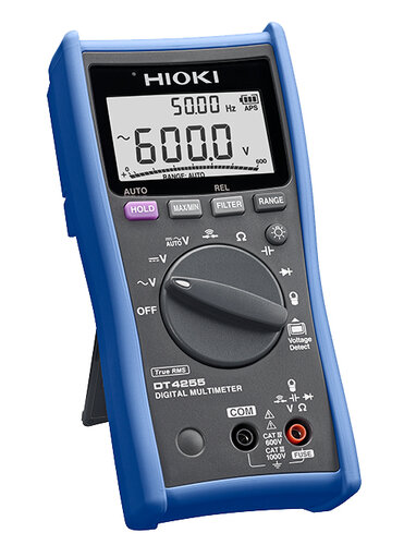 Hioki-DT4255 Digital Multimeter with fused measurement terminals, current-limiting resistor and fast-blow fuse, AC current measurement with clamp-on probe, true RMS, 6000 count display, CAT III 1000V, CAT IV 600V