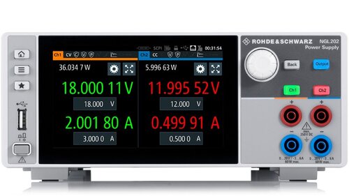 R&S NGL-COM2B Two-channel power supply, 0 V to 20 V, max. 6 A per channel, max. 120 W total, electronic load (max. 20 V / 3 A), USB/LAN and digital trigger