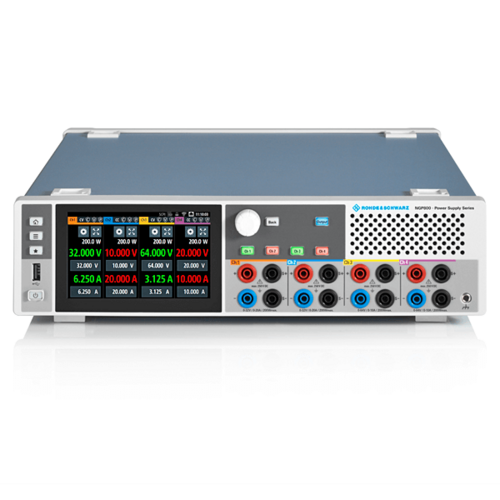 R&S NGP814 Four-channel power supply 2 x 0V to 64V, max. 10A per channel 2 x 0V to 32V, max. 20A per channel max. 200W per channel (800W total), USB/LAN